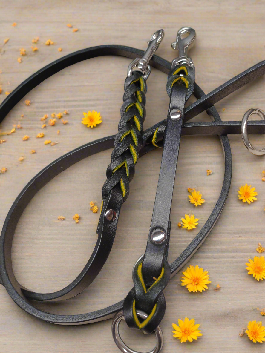 Yellow/black English bridle leash and tab set