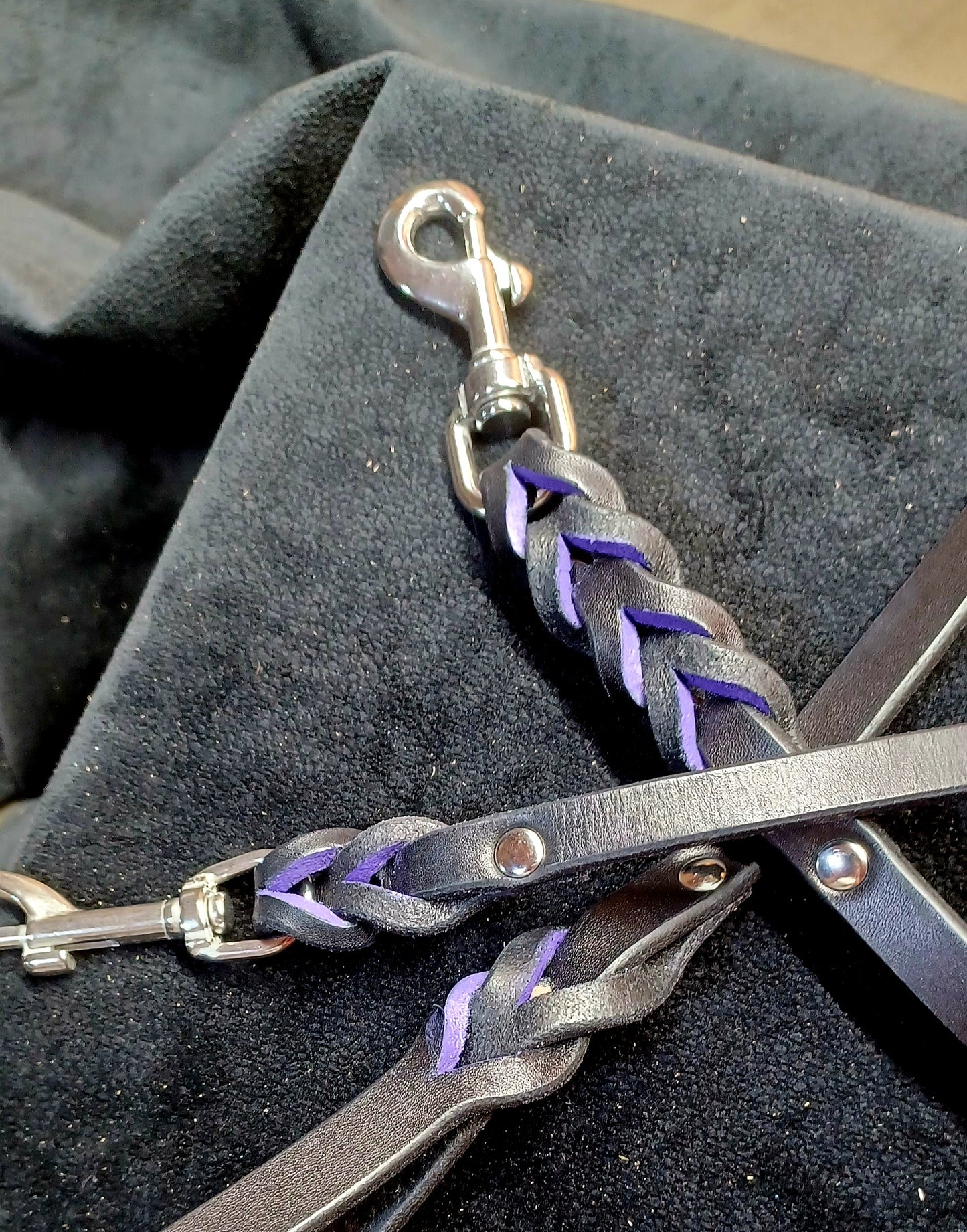 4' × 5/8" purple and black leash and tab set