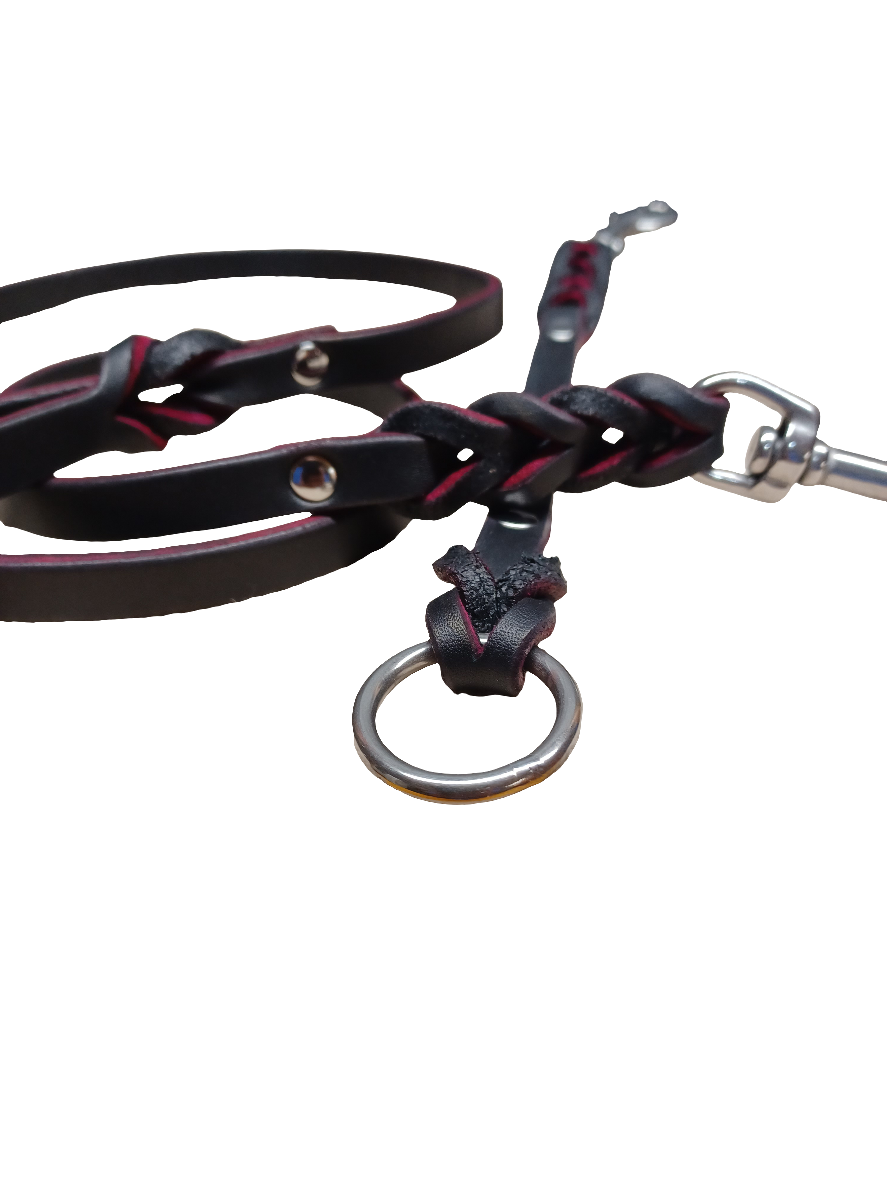 Pink/black English bridle leather leash and training tab set