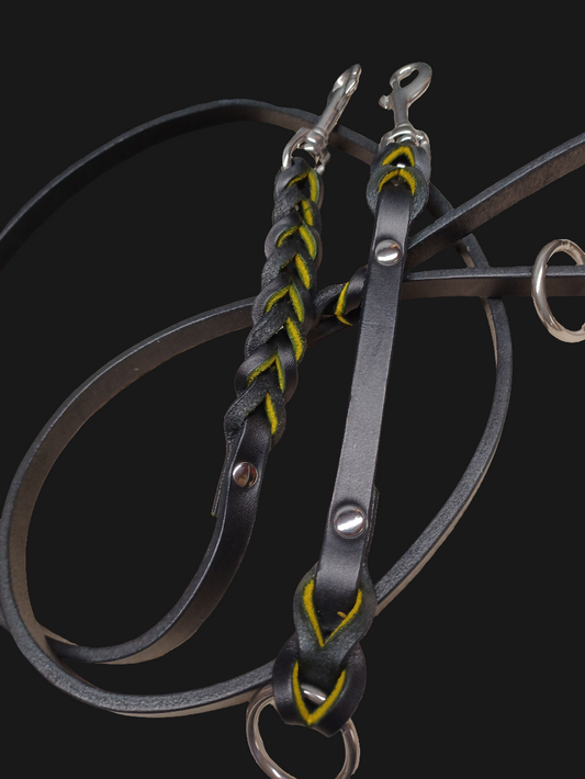 Yellow/black English bridle leash and tab set