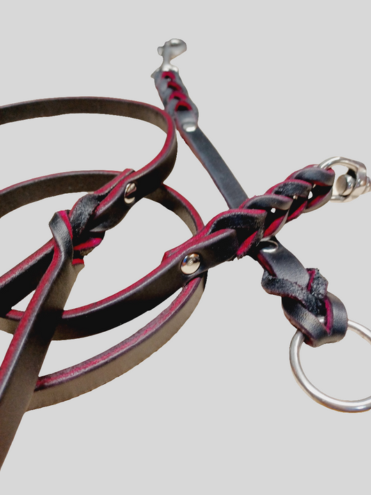 Pink/black English bridle leather leash and training tab set