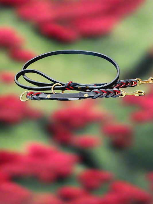 Red and black english bridle leash and training tab set .
