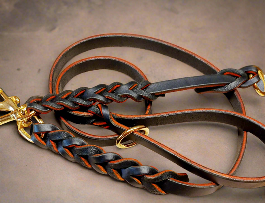 Orange/black English bridle leather long braided leash and training tab set