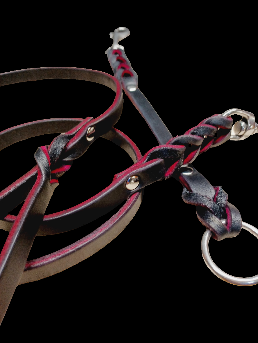 Pink/black English bridle leather leash and training tab set