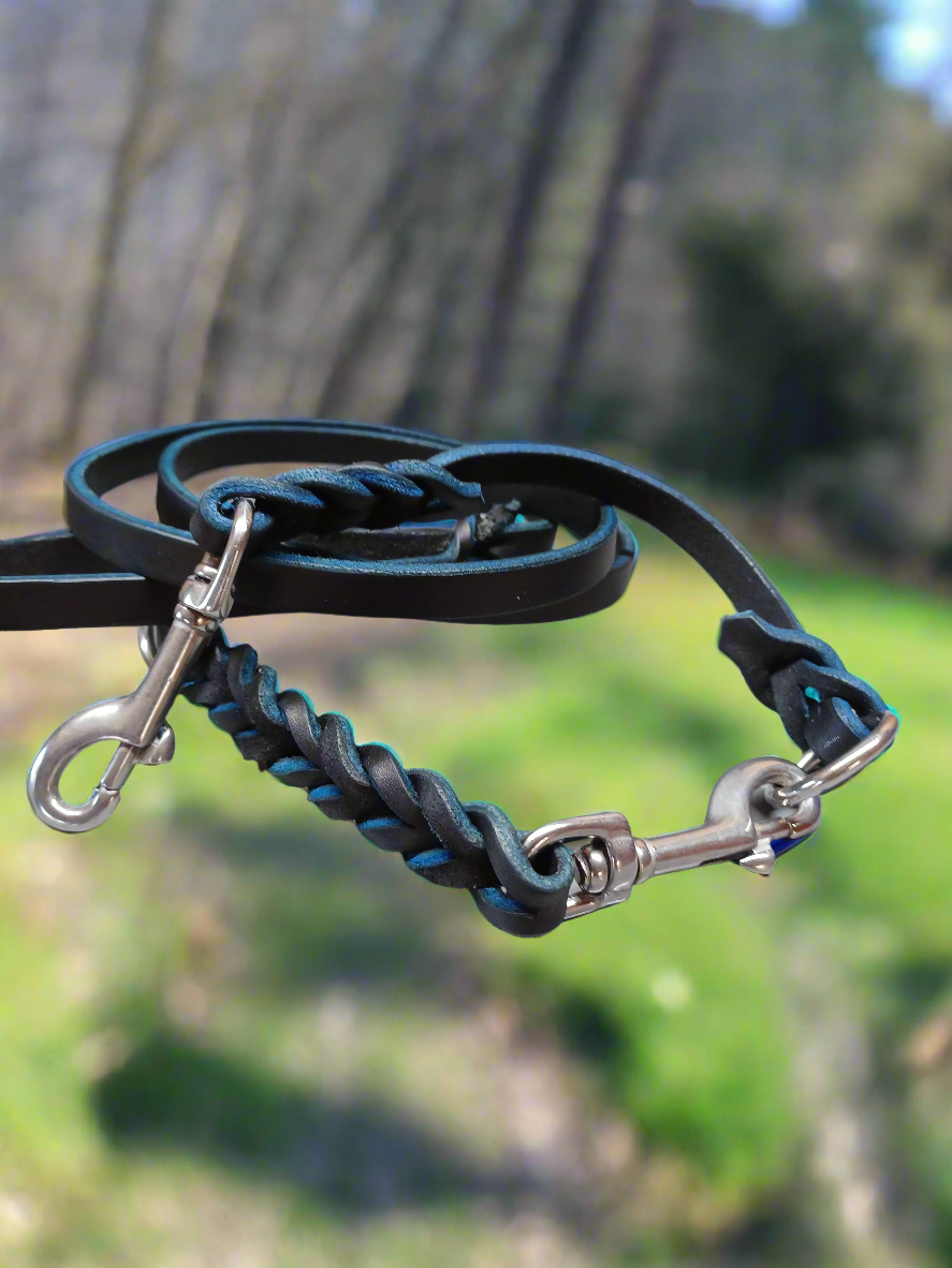 5'  Blue on black braided leash matching tab set with rings