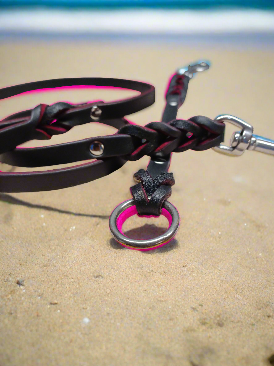 Pink/black English bridle leather leash and training tab set