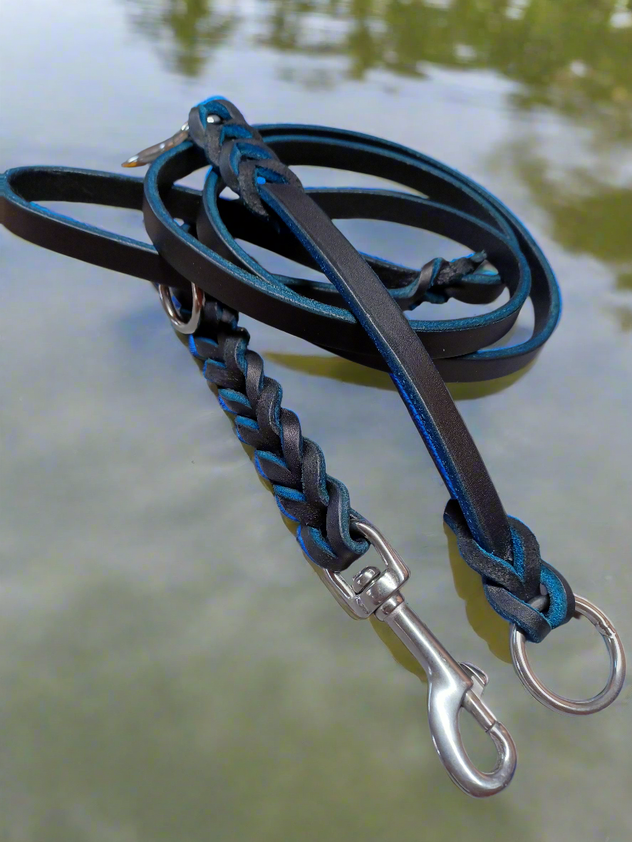 5'  Blue on black braided leash matching tab set with rings