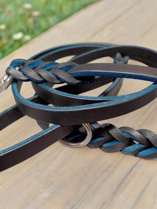 5'  Blue on black braided leash matching tab set with rings