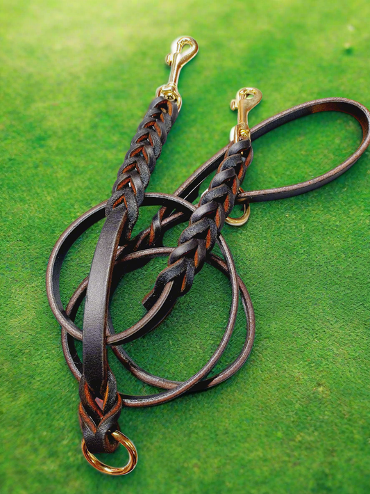 Black/brown english bridle leather leash and training tab set