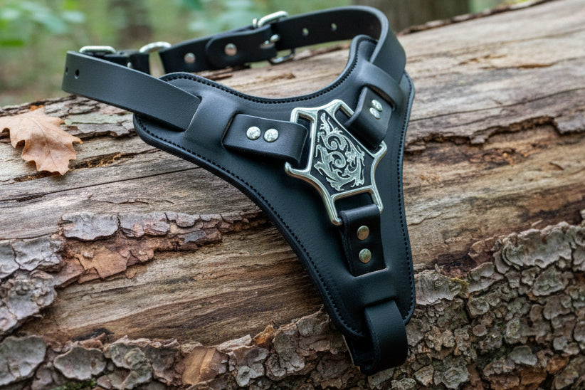 Black leather agitation harness