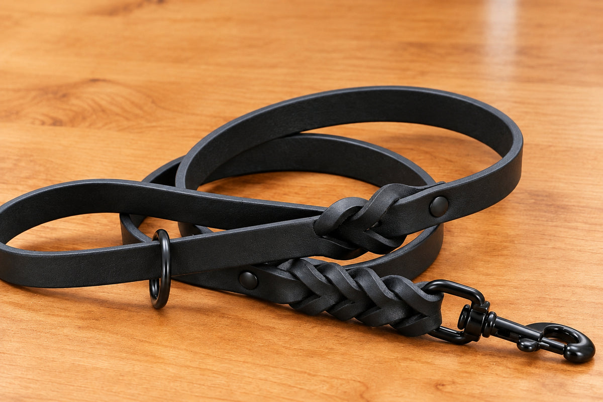 Black braided bridle leather leash / black hardware