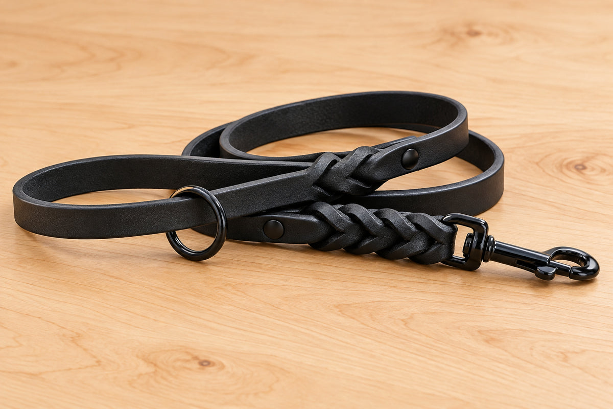 Black braided bridle leather leash / black hardware
