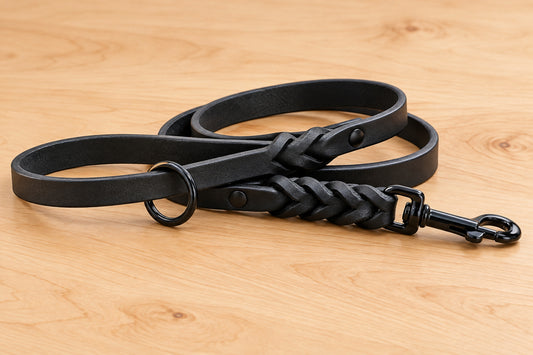 Black braided bridle leather leash / black hardware